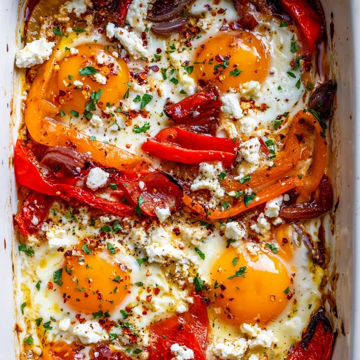 Creamy baked feta eggs with roasted vegetables and fresh herbs in cast iron skillet