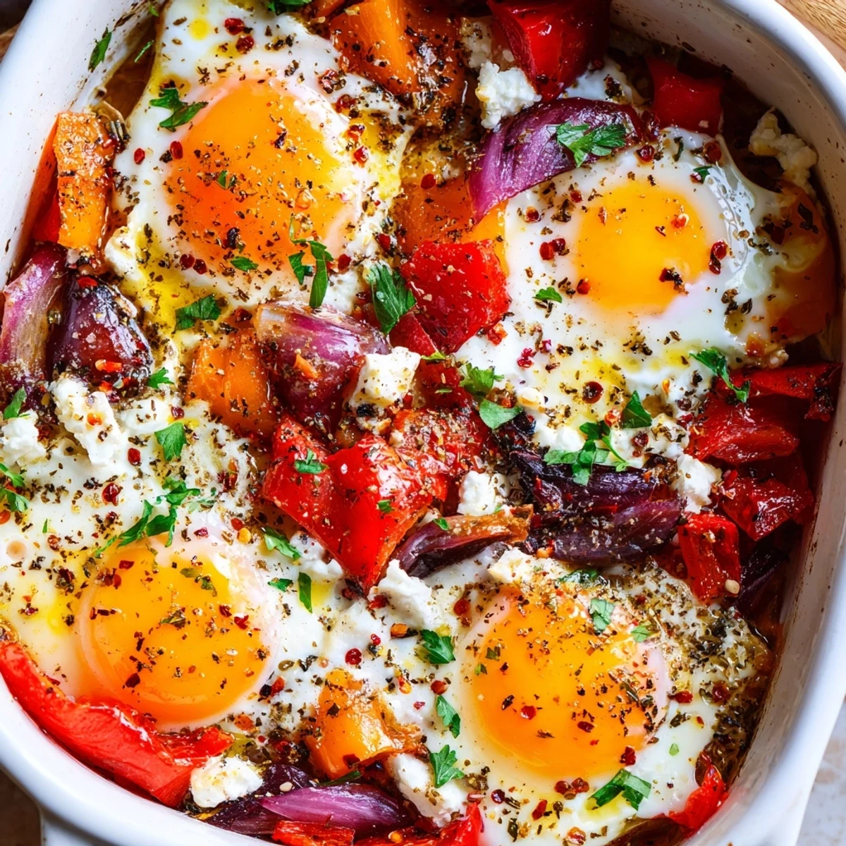 Golden egg yolks nestled in Mediterranean baked feta with tomatoes and peppers