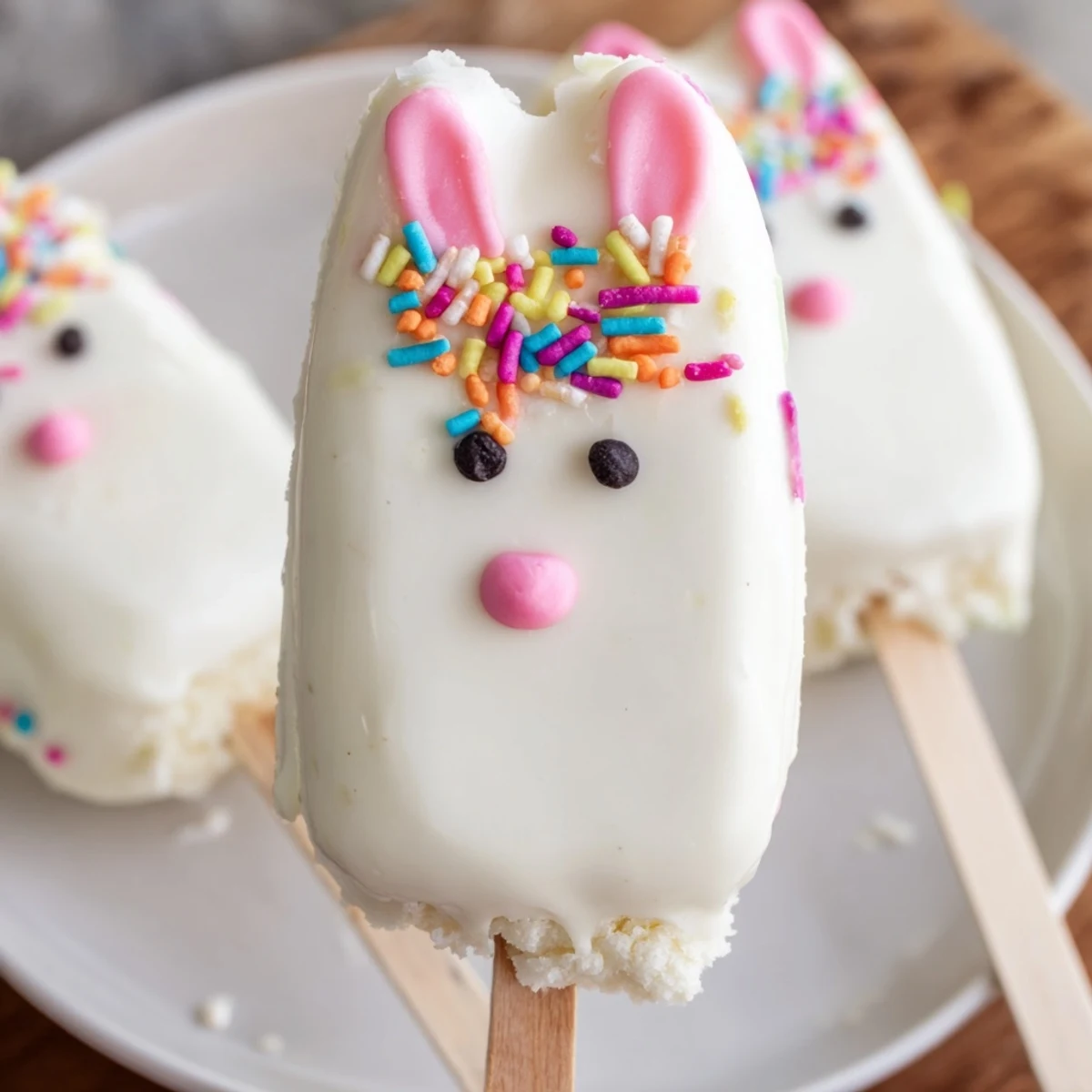 Adorable white chocolate bunny cakesicles with candy eyes and pink ears on sticks