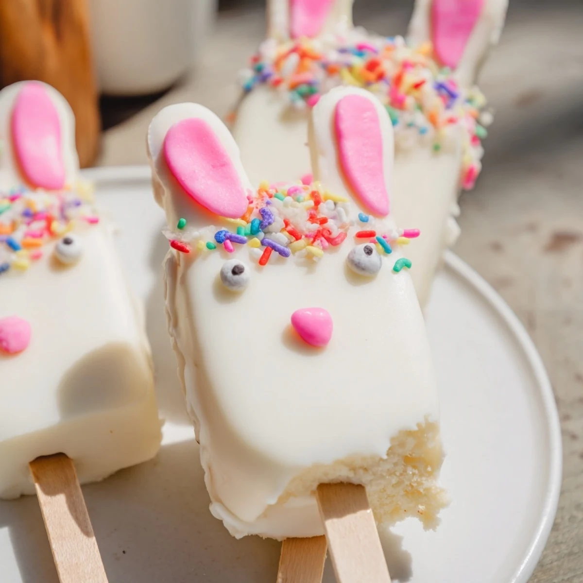 Creamy white chocolate bunny cakesicles decorated with sprinkles for Easter celebrations