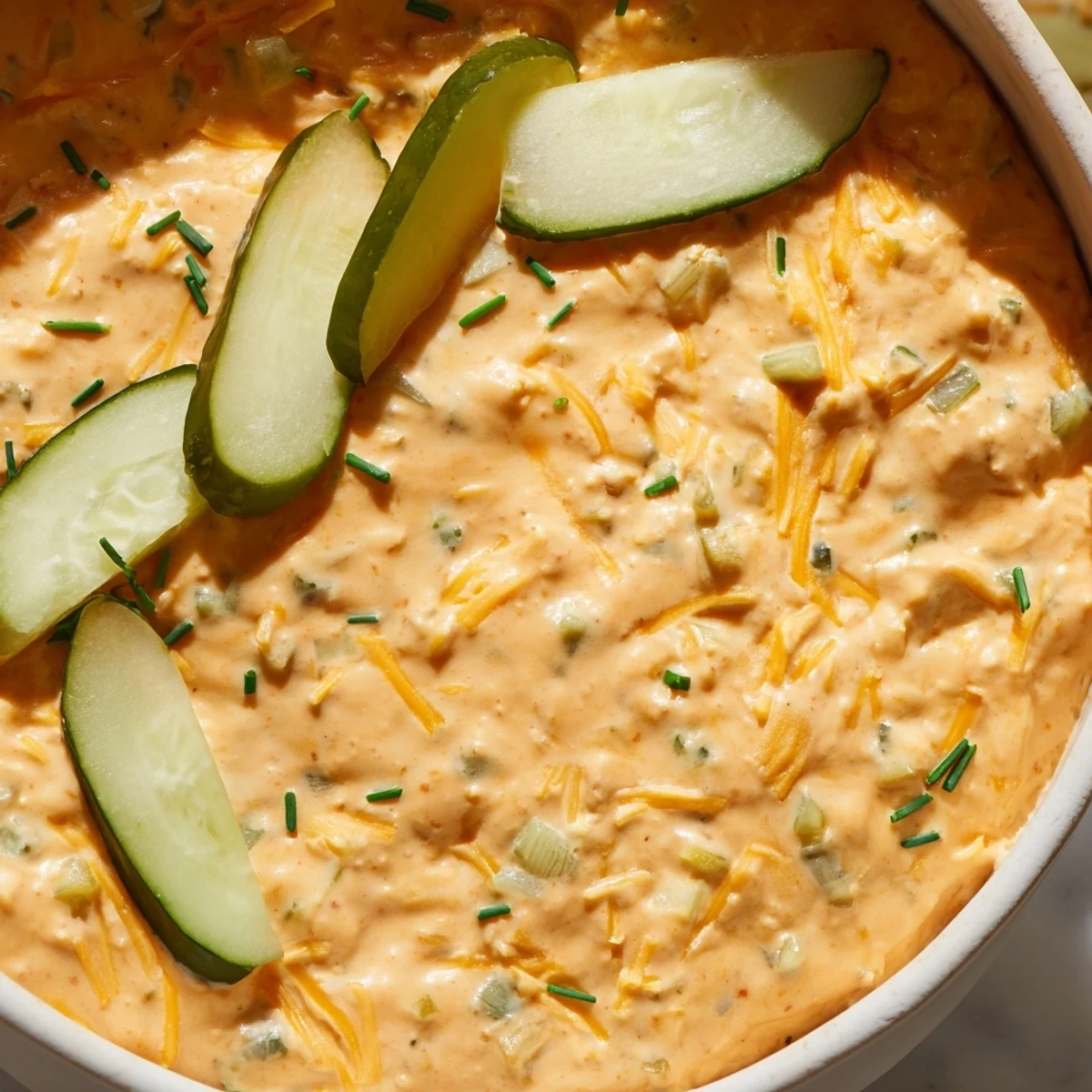 Creamy buffalo pickle dip in a serving bowl surrounded by crunchy chips and fresh veggie sticks