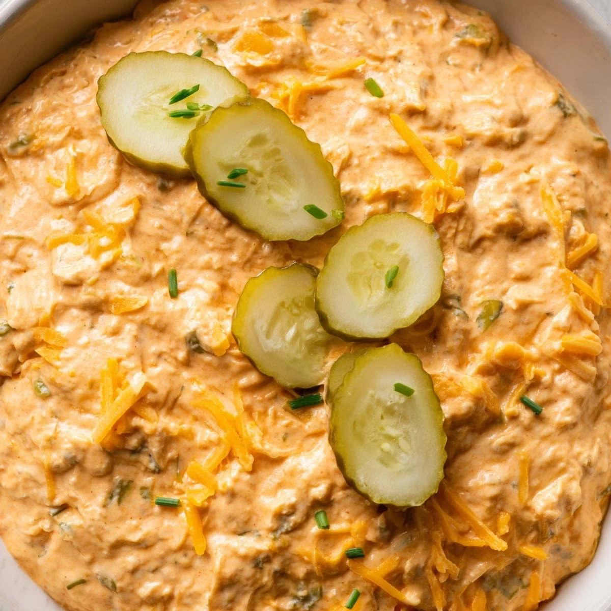 Tangy buffalo pickle dip topped with cheddar cheese and fresh chives in a rustic bowl
