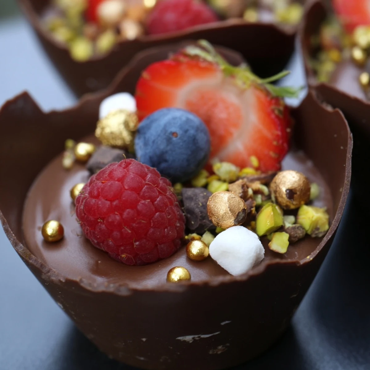 Rich chocolate mousse cups filled with fluffy cream and garnished with mixed berries