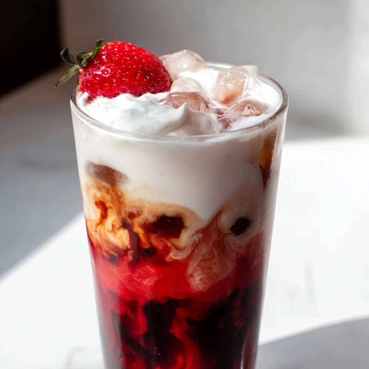 Creamy strawberry cold latte in a tall glass with fresh berry garnish and ice