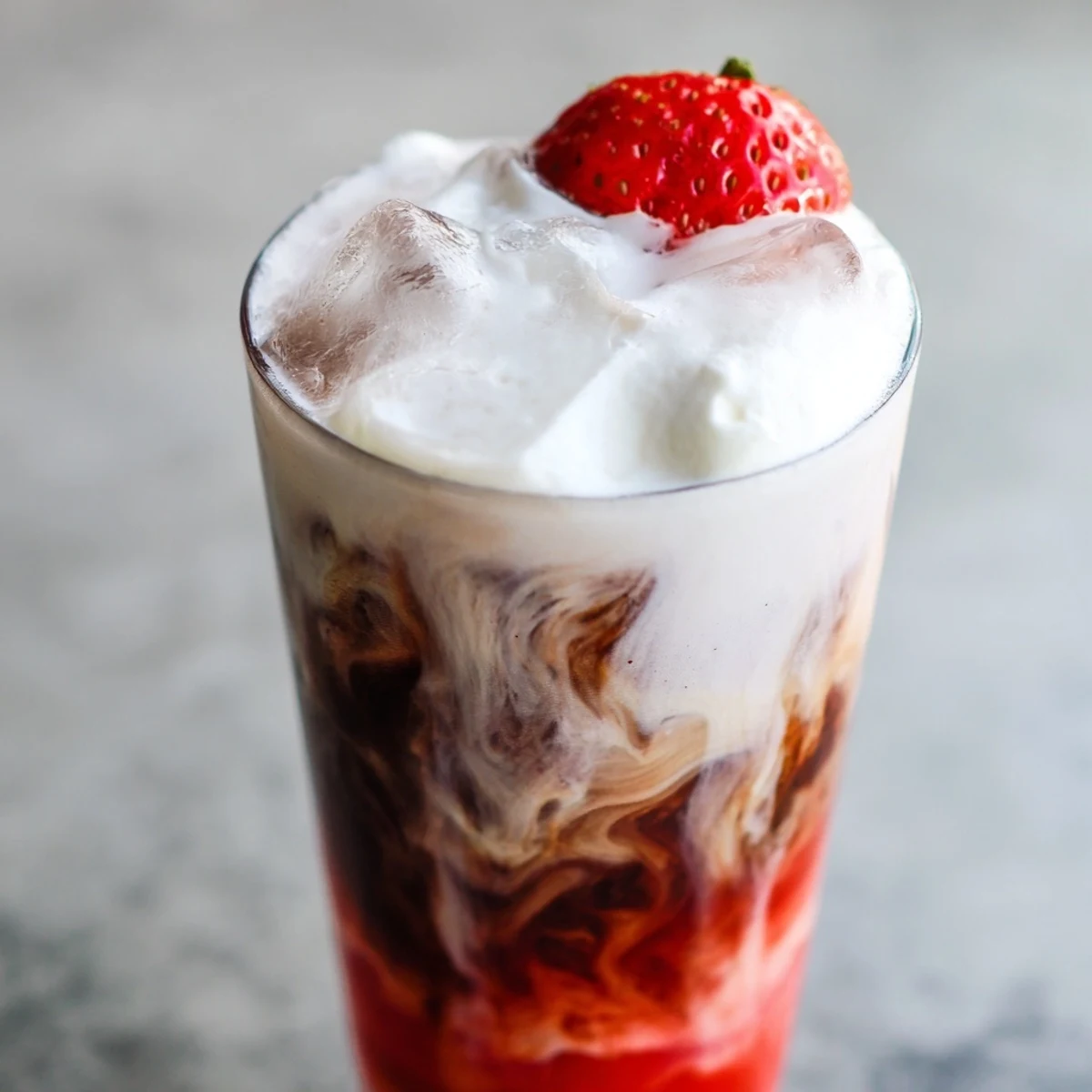 Iced strawberry cream latte with swirled coffee layers topped with fluffy whipped cream