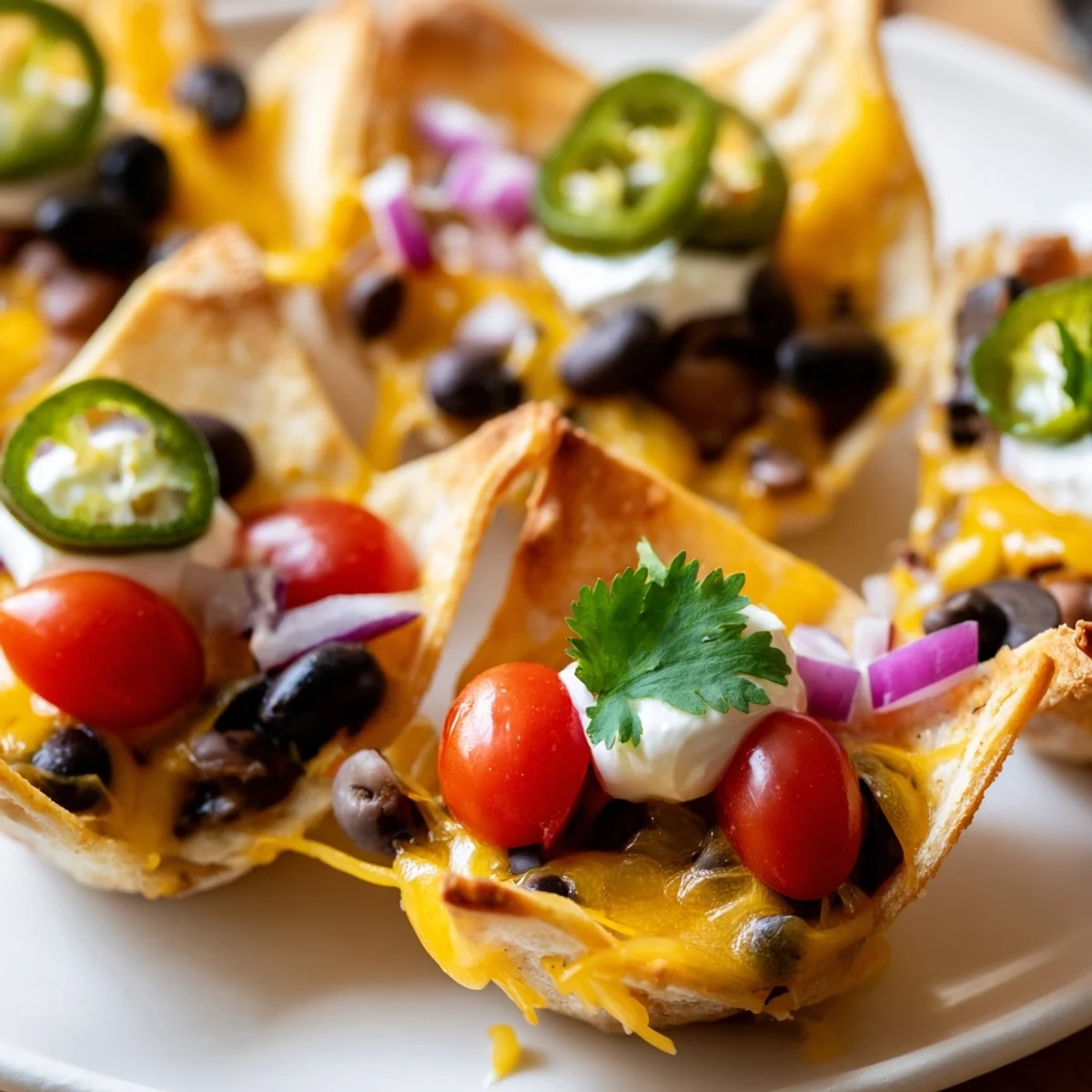 Golden cheesy nacho cups with melted cheddar, beans, and fresh tomatoes in crispy tortilla shells