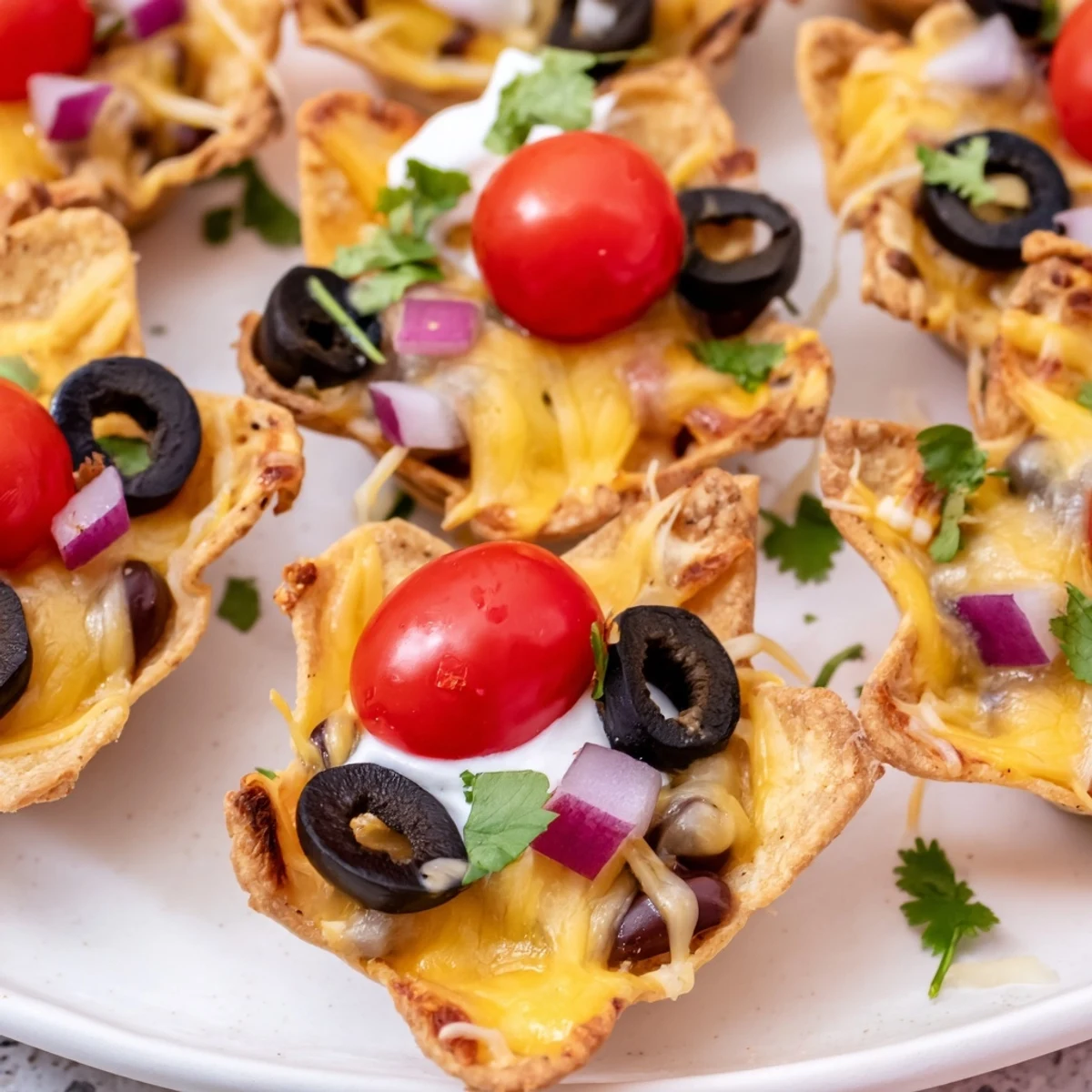 Crispy tortilla cups overflowing with gooey melted cheese and colorful nacho toppings for game day