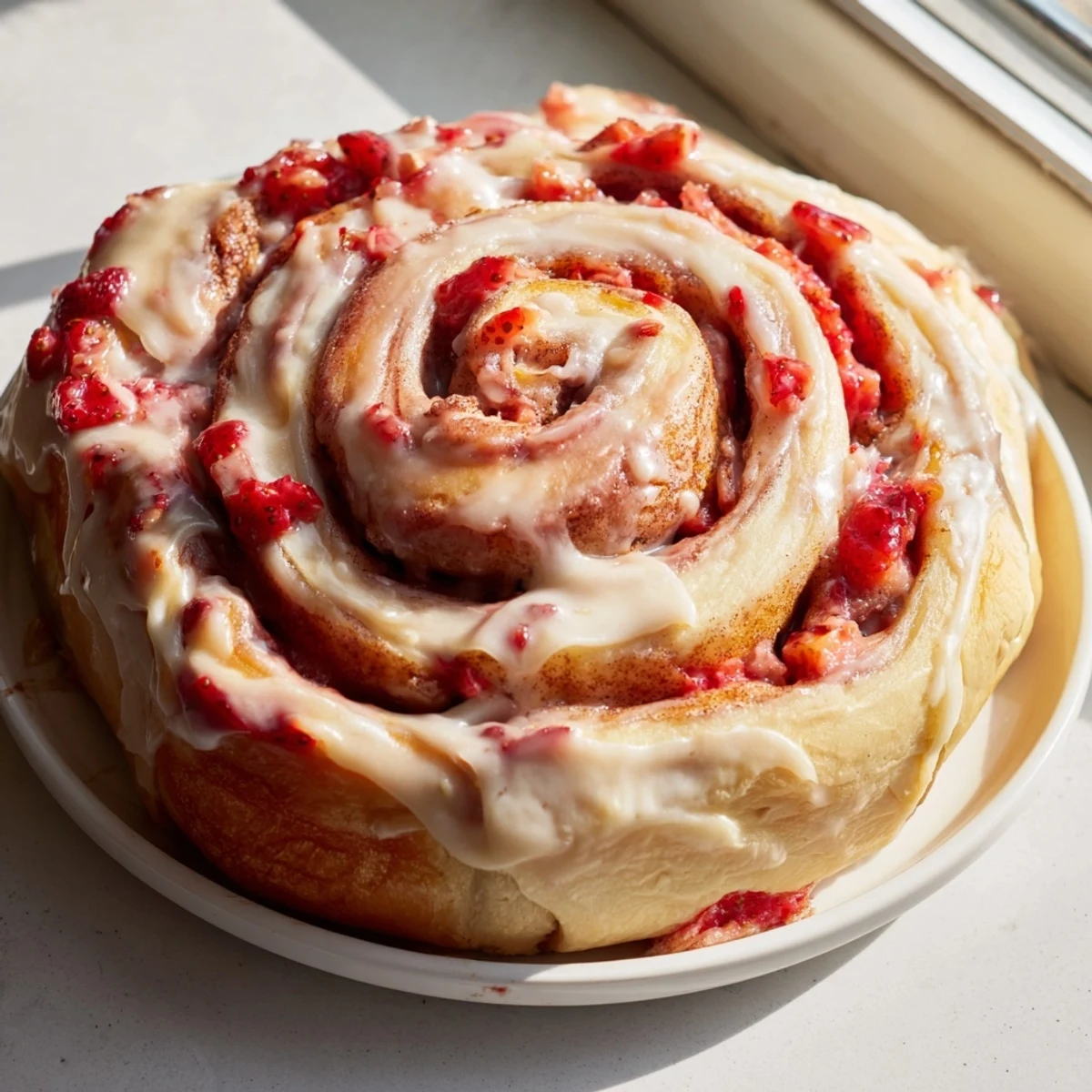 Golden strawberry cinnamon rolls dripping with cream cheese glaze on a white plate