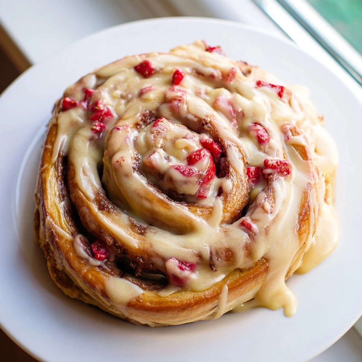 Fresh strawberry cinnamon rolls with swirled filling arranged in a baking dish