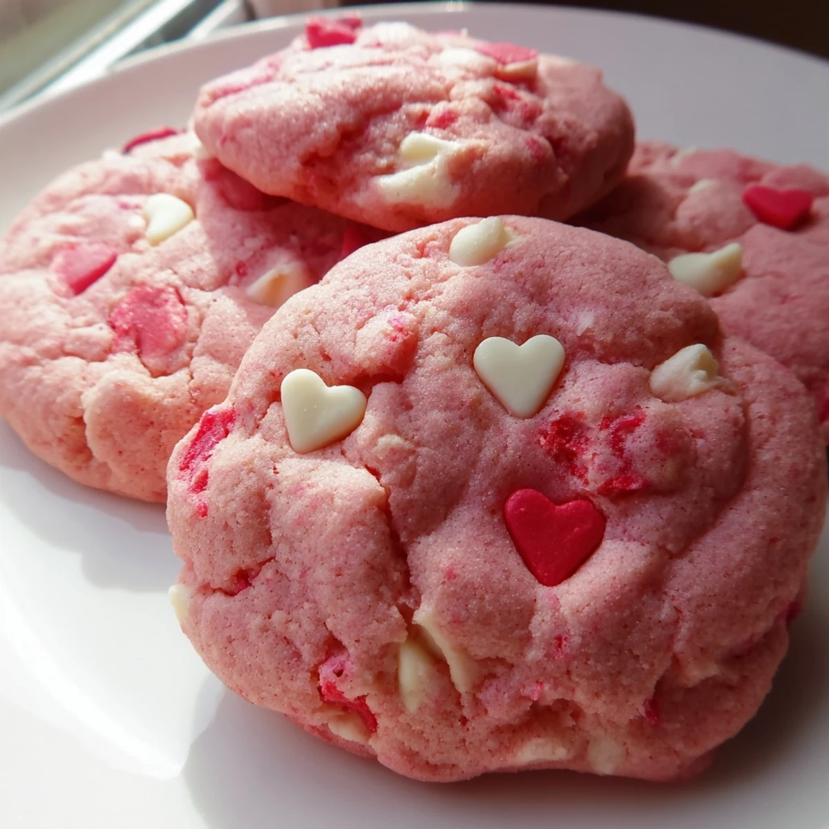 Soft pink Valentine strawberry cookies with white chocolate chips on a rustic baking sheet