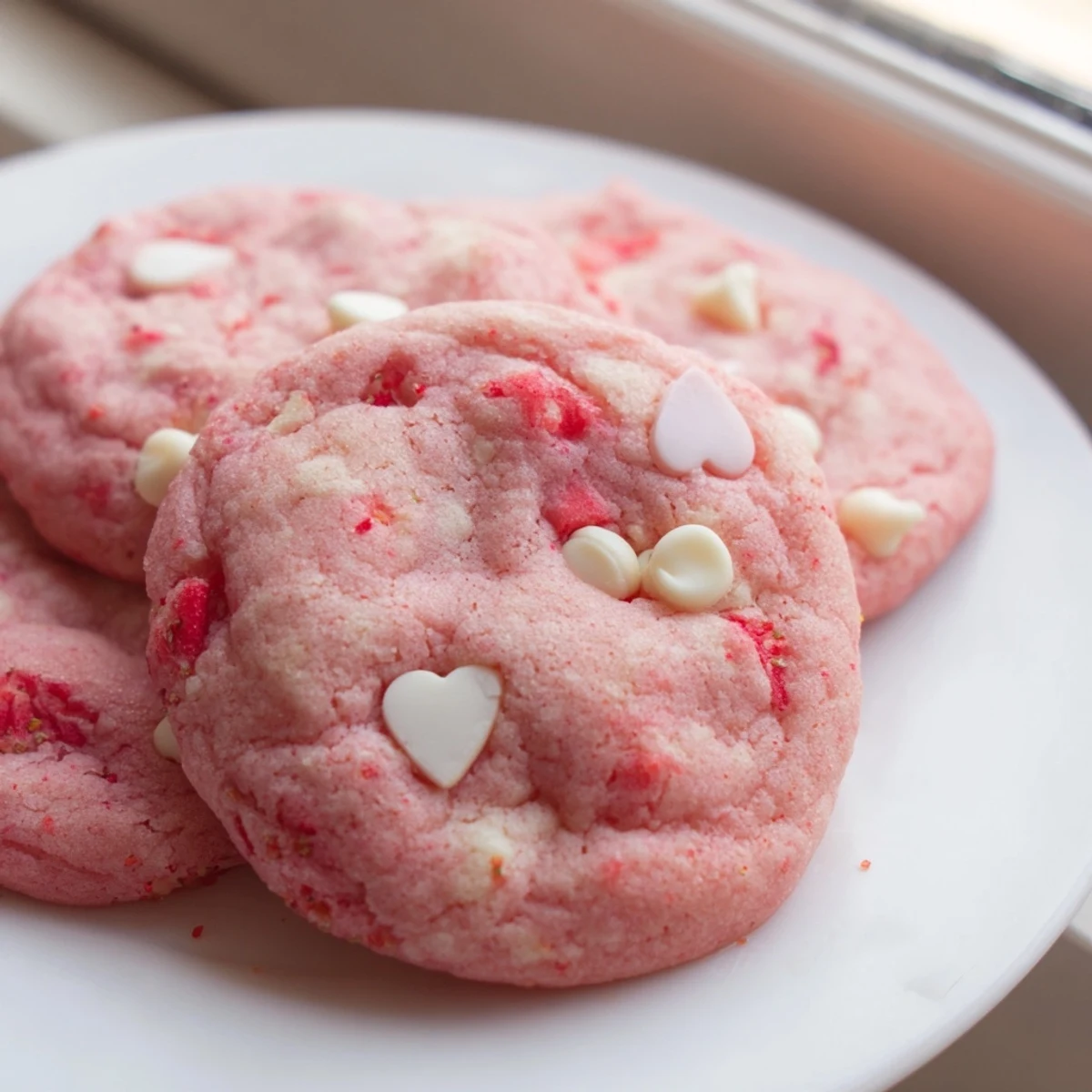 Chewy Valentine strawberry cookies studded with melting white chocolate and fresh strawberry pieces