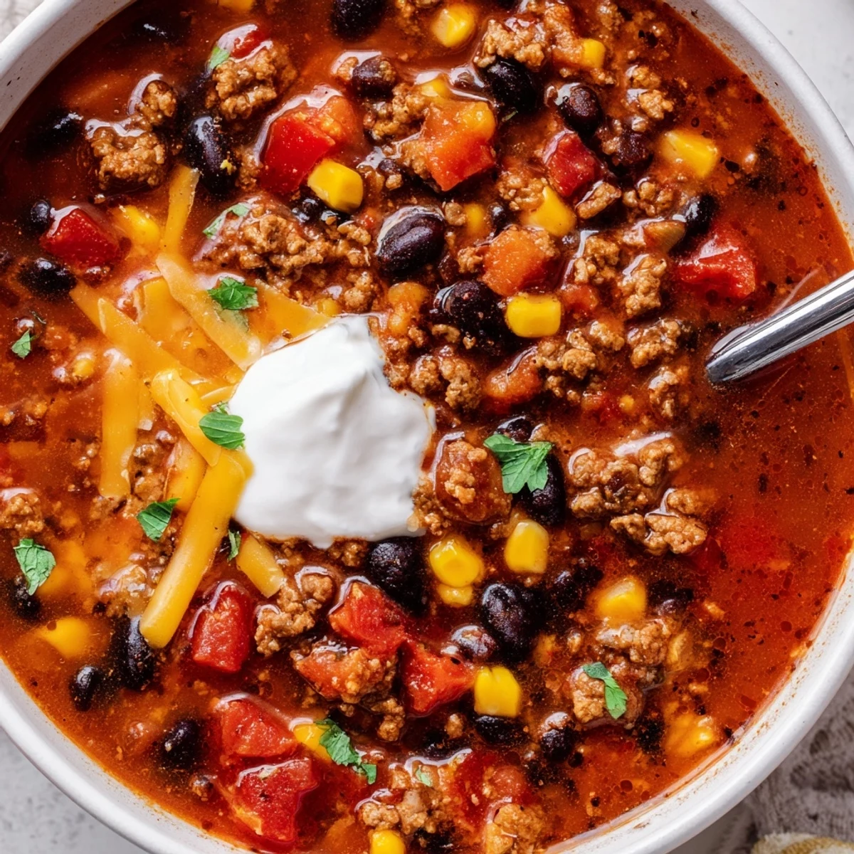 Steaming bowl of crockpot ground beef taco soup topped with melted shredded cheese