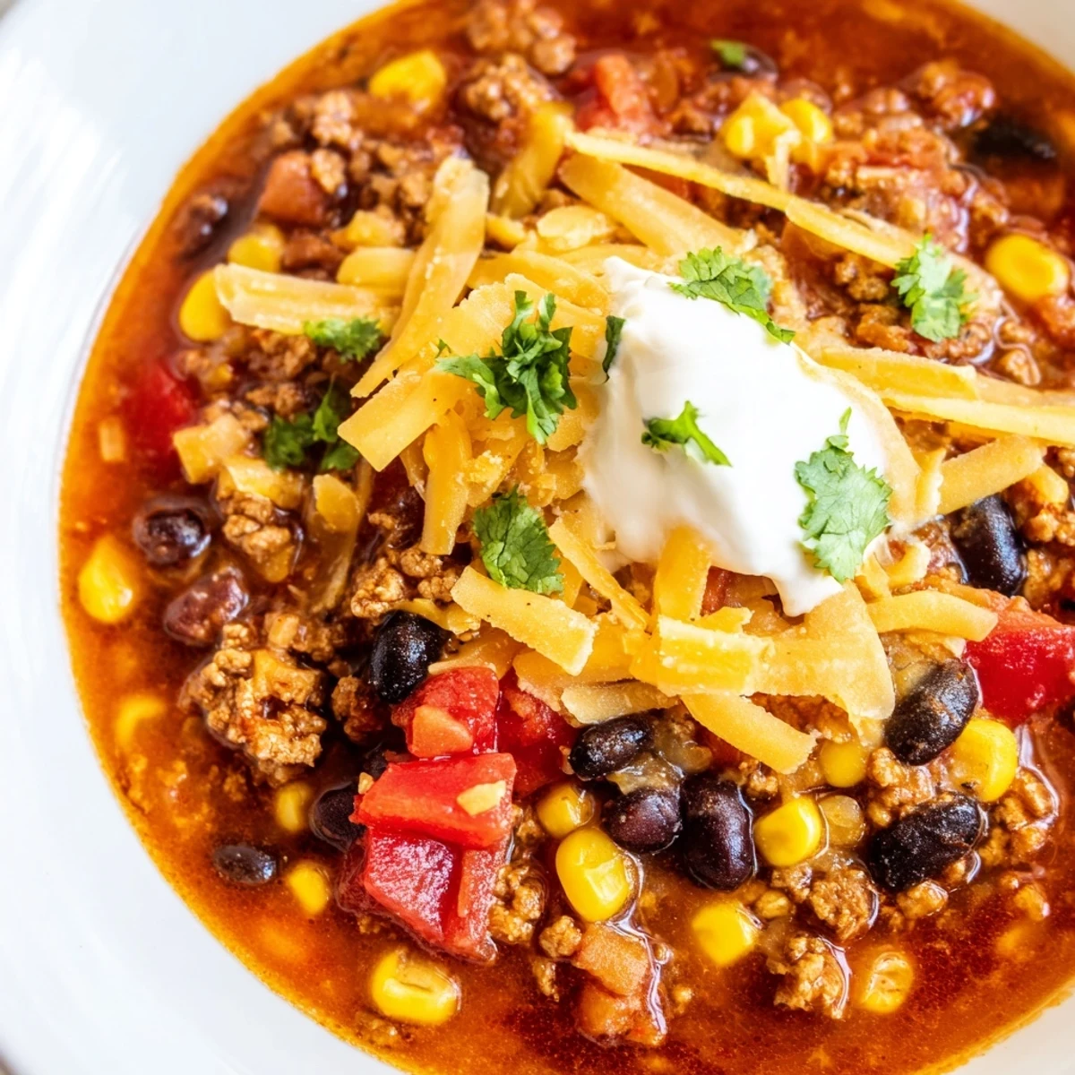 Hearty crockpot ground beef taco soup loaded with tender beans and sweet corn