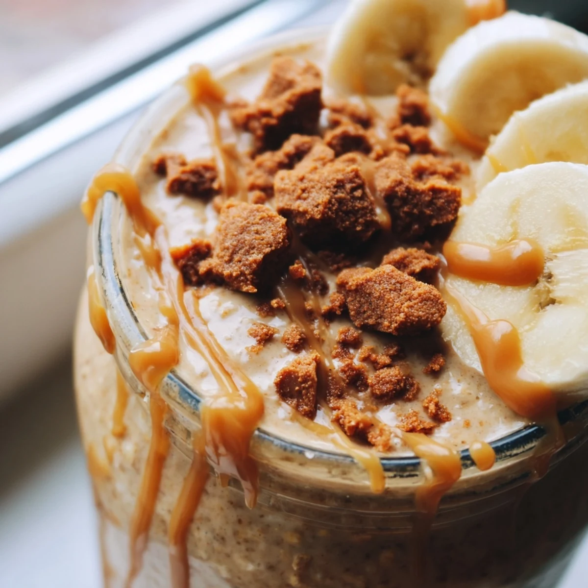 Creamy Biscoff overnight oats in a glass jar topped with crumbled cookie pieces