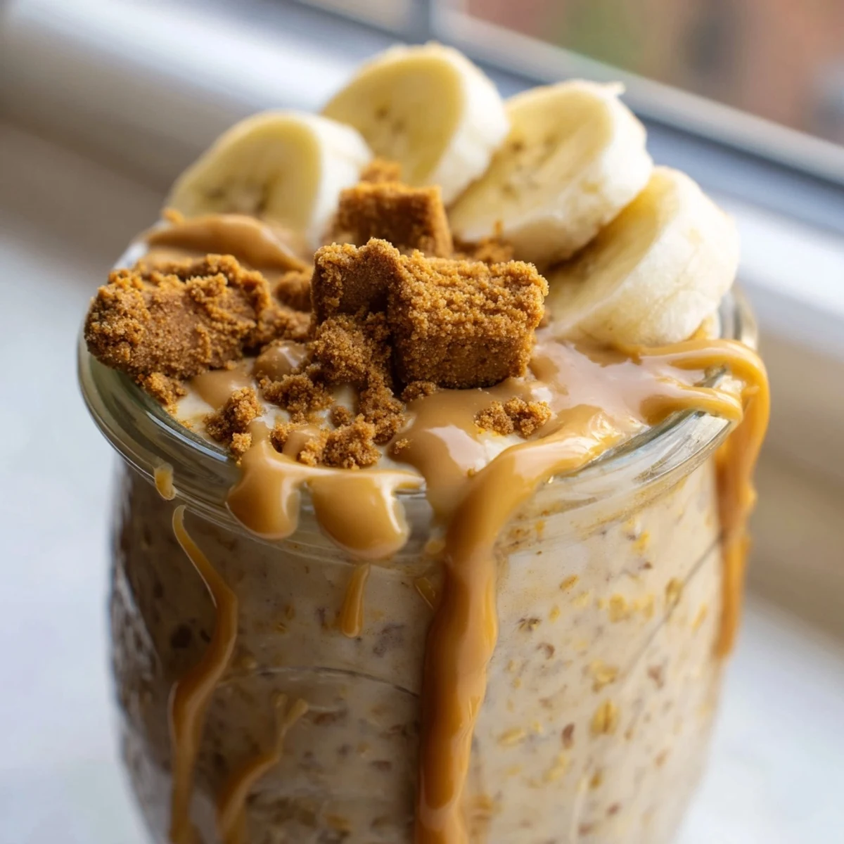 Swirls of caramel Biscoff spread crown these make-ahead overnight oats with crushed cookies