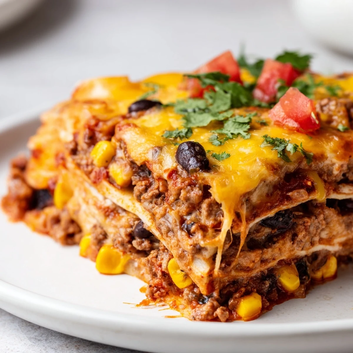 Baked Beef Enchilada Casserole with bubbling melted cheese and rich red enchilada sauce