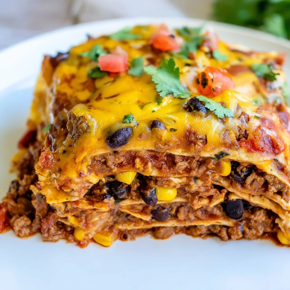 Golden cheesy Baked Beef Enchilada Casserole fresh from the oven, garnished with cilantro