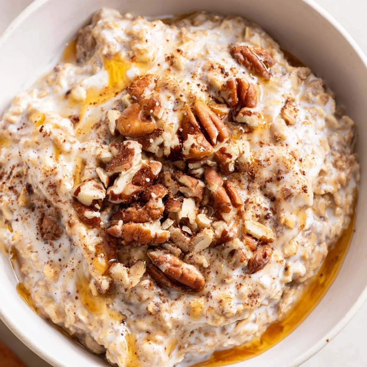 Creamy maple cinnamon pecan overnight oats served in a mason jar with crunchy pecan topping