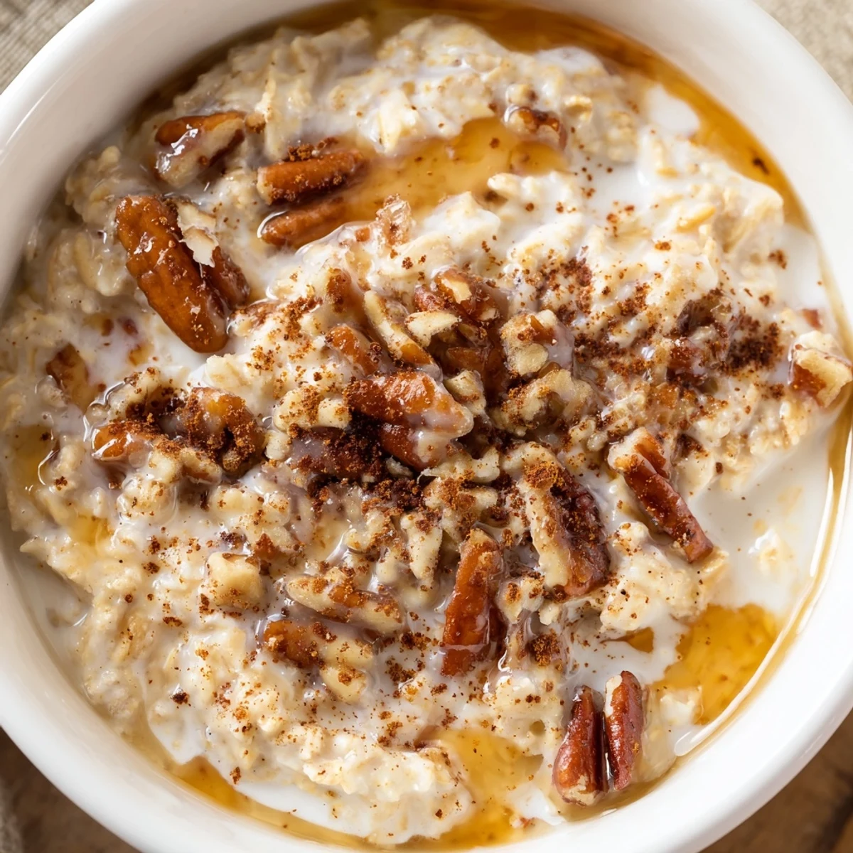 Maple cinnamon pecan overnight oats topped with toasted nuts and a sweet maple drizzle