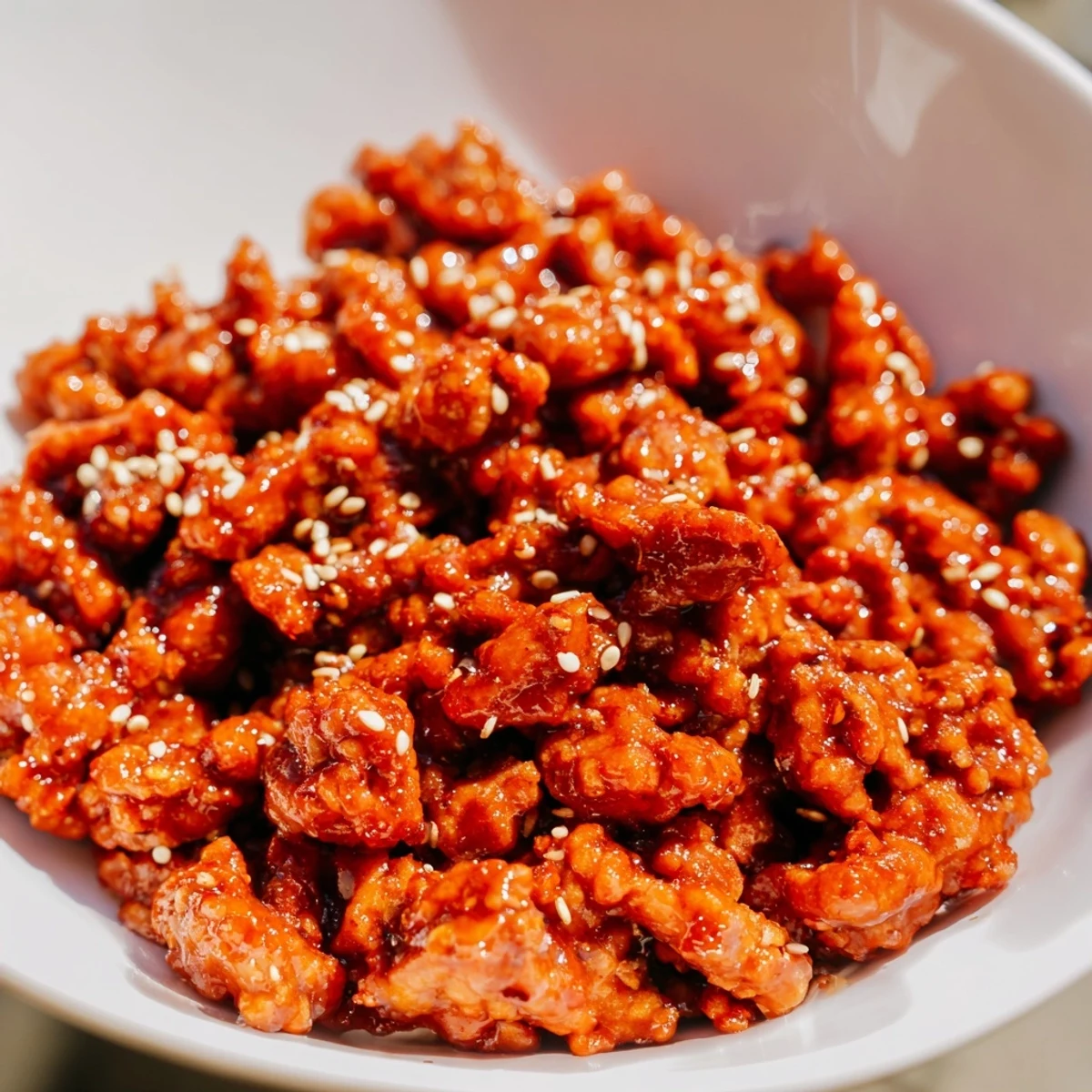 Spicy firecracker ground chicken bowls topped with crisp vegetables and sesame seeds