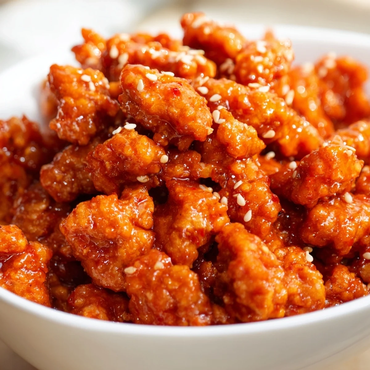 Firecracker ground chicken bowls with colorful veggies drizzled in sweet and tangy sauce