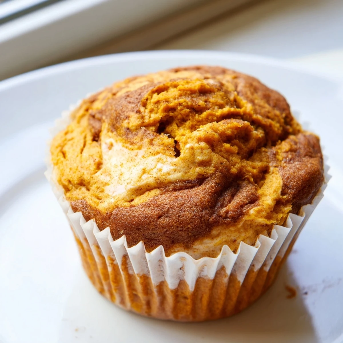 Moist pumpkin muffins featuring a rich chai-spiced cheesecake swirl fresh from oven