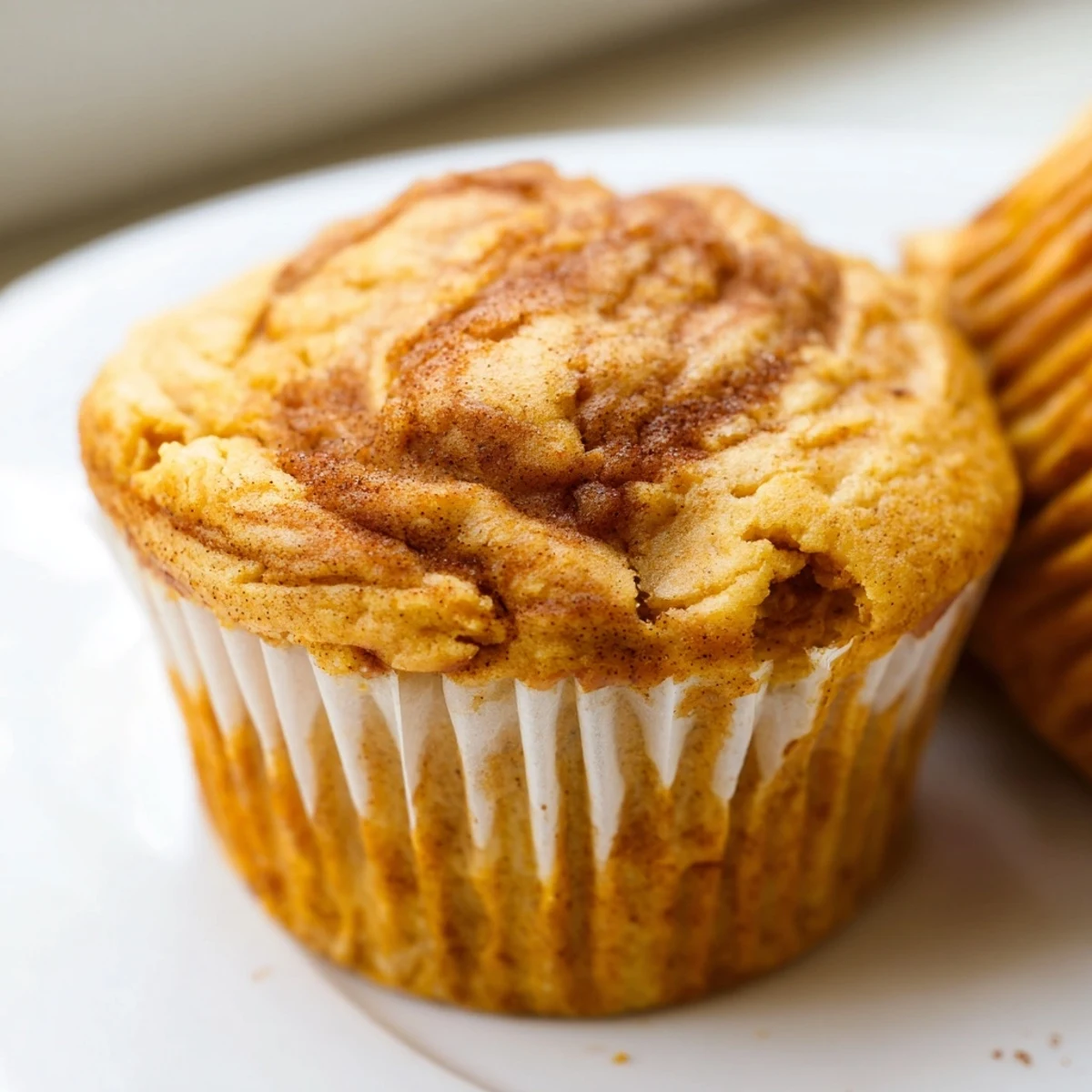 Warm chai pumpkin cheesecake muffins topped with creamy swirl on rustic linen
