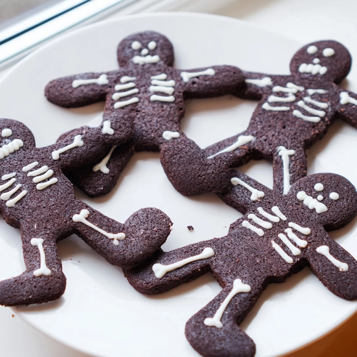 Crispy chocolate cinnamon skeleton cookies with white icing bones on parchment paper