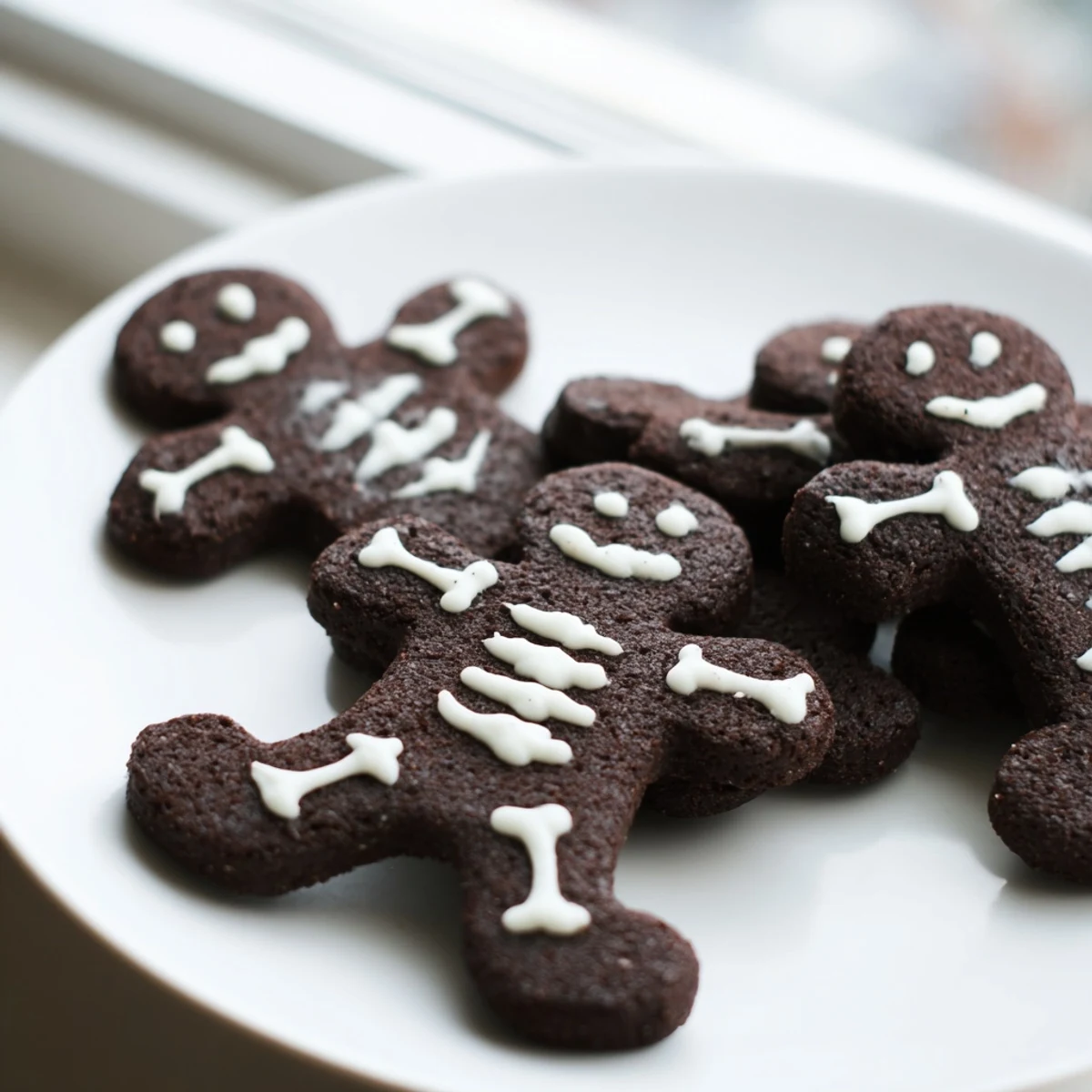 Spooky chocolate cinnamon skeleton cookies arranged on a cooling rack with piped icing details