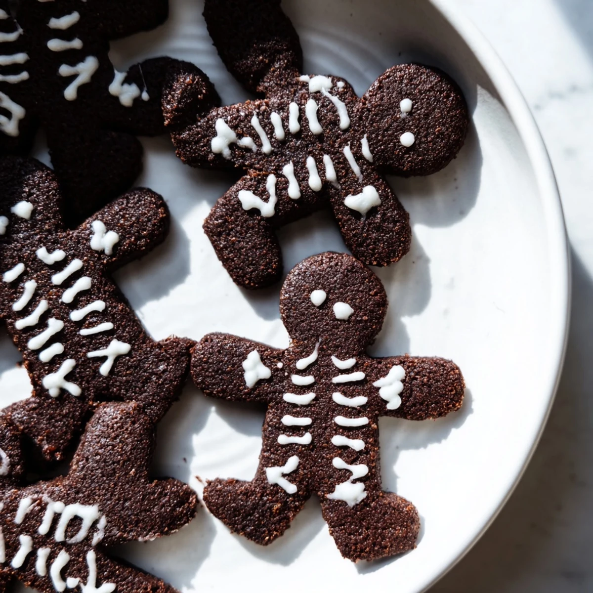 Dark chocolate cinnamon skeleton cookies decorated with intricate royal icing bone designs