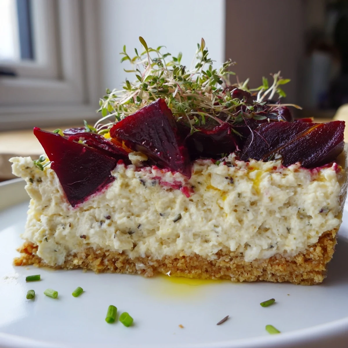 Creamy savoury cheesecake with roasted beetroot, fresh herbs, and golden crust