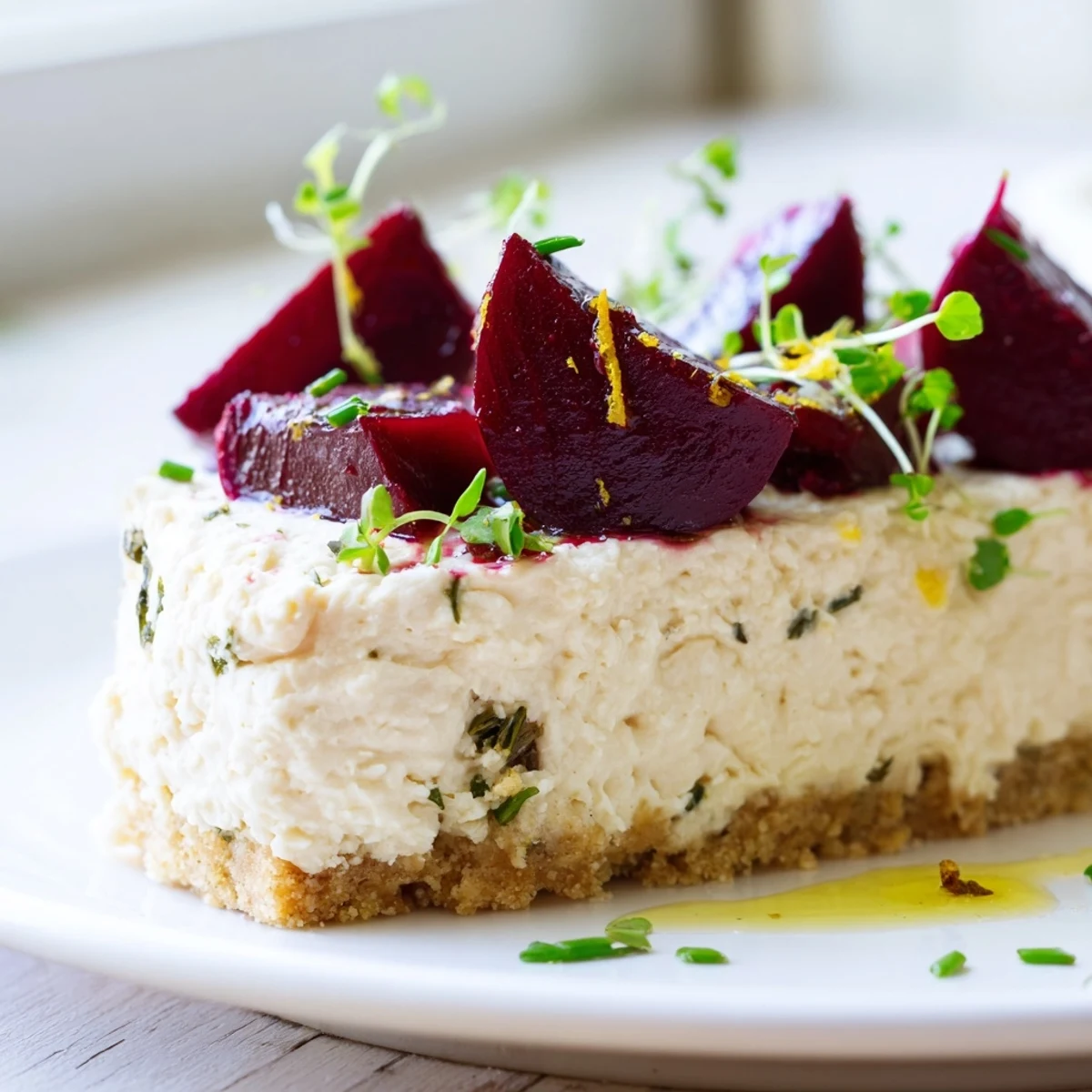 Savoury cheesecake with roasted beetroot garnished with chives and microgreens on a rustic plate