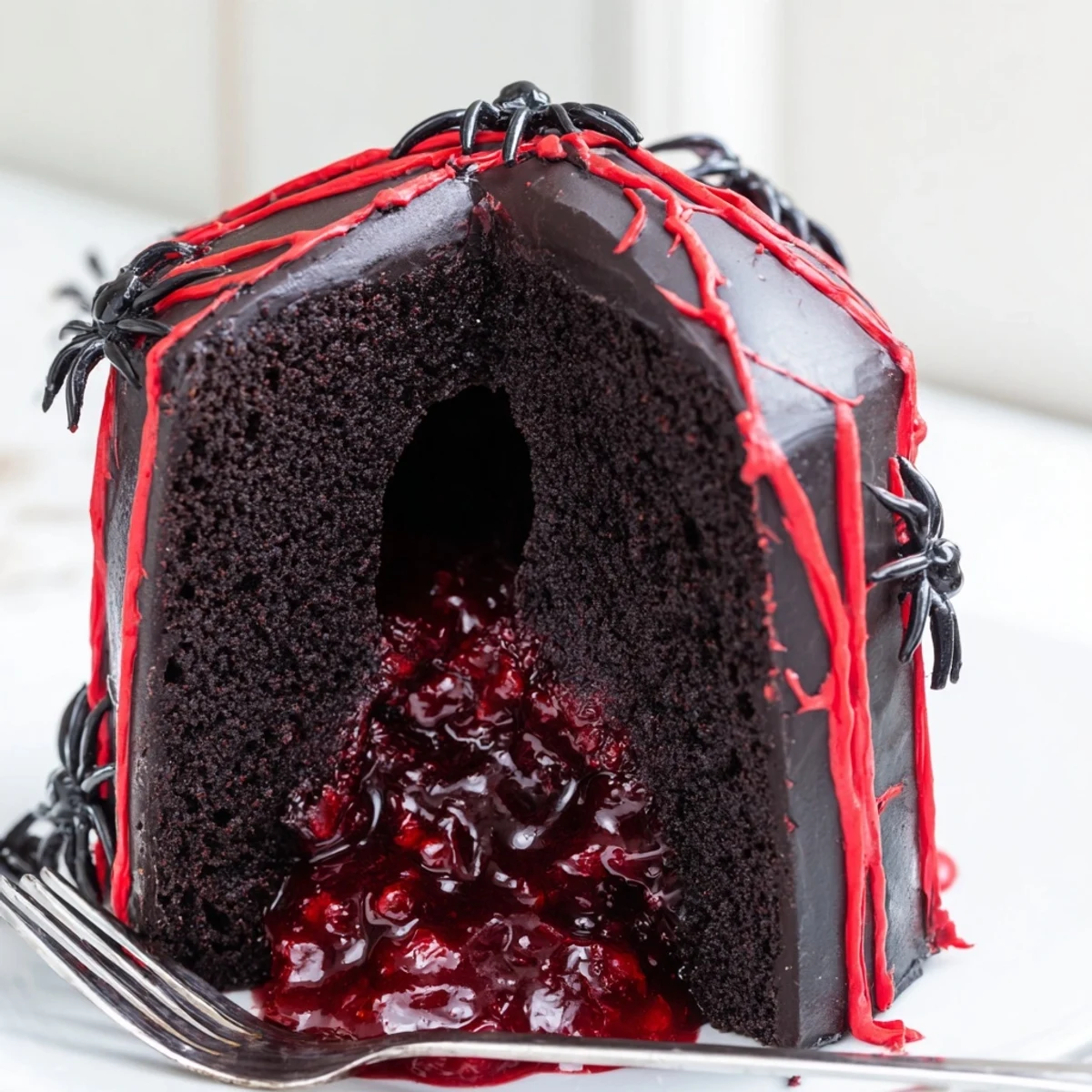 Dark Hidden Horror Black Widow Cake with glossy black cocoa ganache dripping over moist chocolate layers