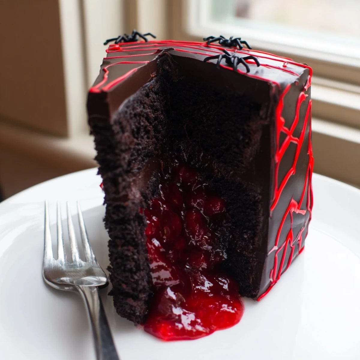 Hidden Horror Black Widow Cake sliced open revealing a bright red cherry compote center oozing out