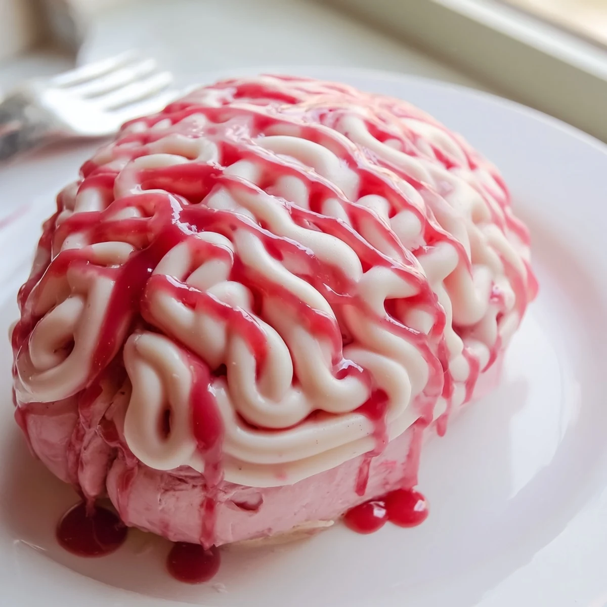 Creepy no bake strawberry cheesecake brain with pink chocolate folds and red coulis drizzle on a dark plate