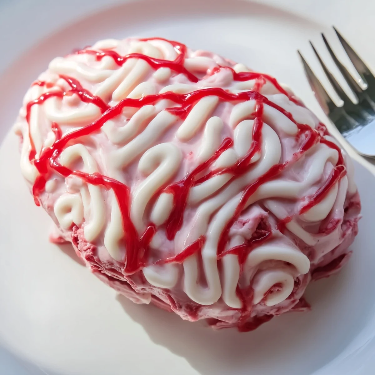 Sliced no bake strawberry cheesecake brain revealing creamy pink filling and graham cracker crust on Halloween table