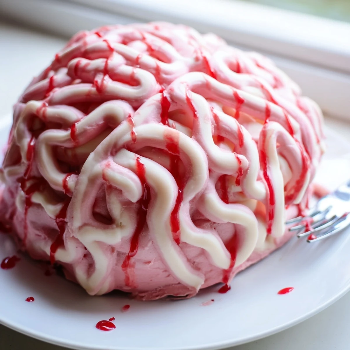 Festive no bake strawberry cheesecake brain topped with white chocolate squiggles and glossy berry sauce for spooky parties