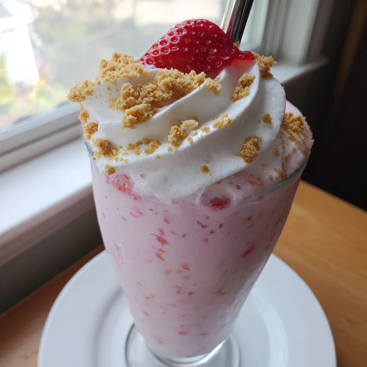 Pink strawberry cheesecake milkshake in a tall glass garnished with fresh strawberries