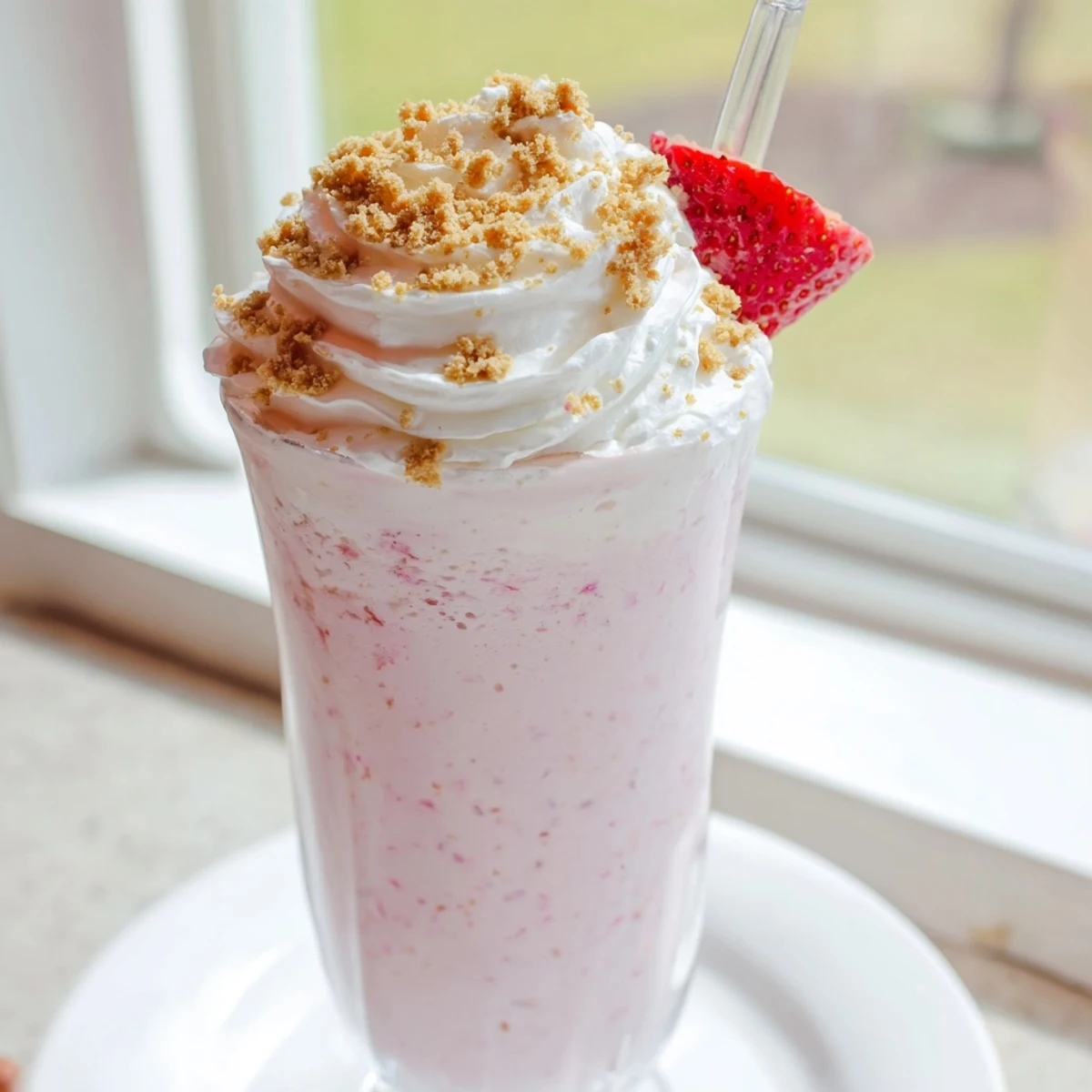 Thick strawberry cheesecake milkshake topped with whipped cream and graham cracker crumbs
