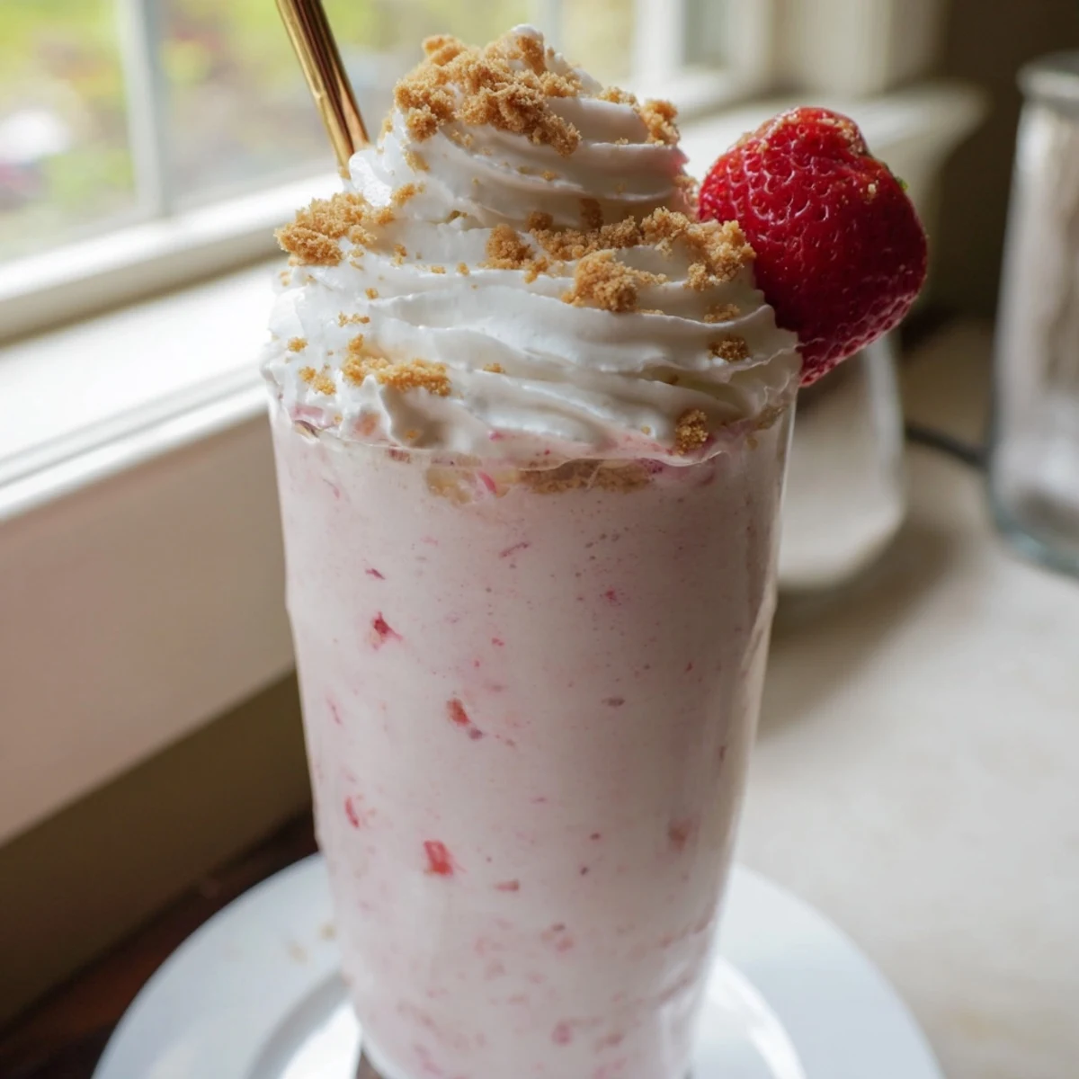 Creamy strawberry cheesecake milkshake drizzled with graham crumbs and a cherry on top