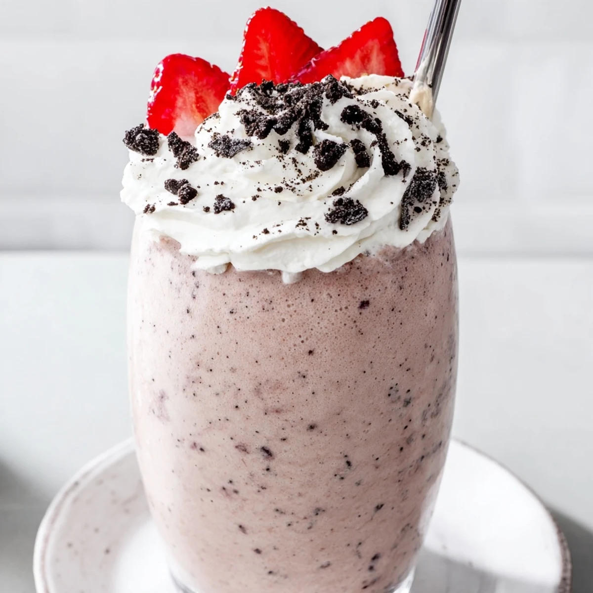 Thick pink Strawberry Oreo Milkshake topped with whipped cream in a chilled glass