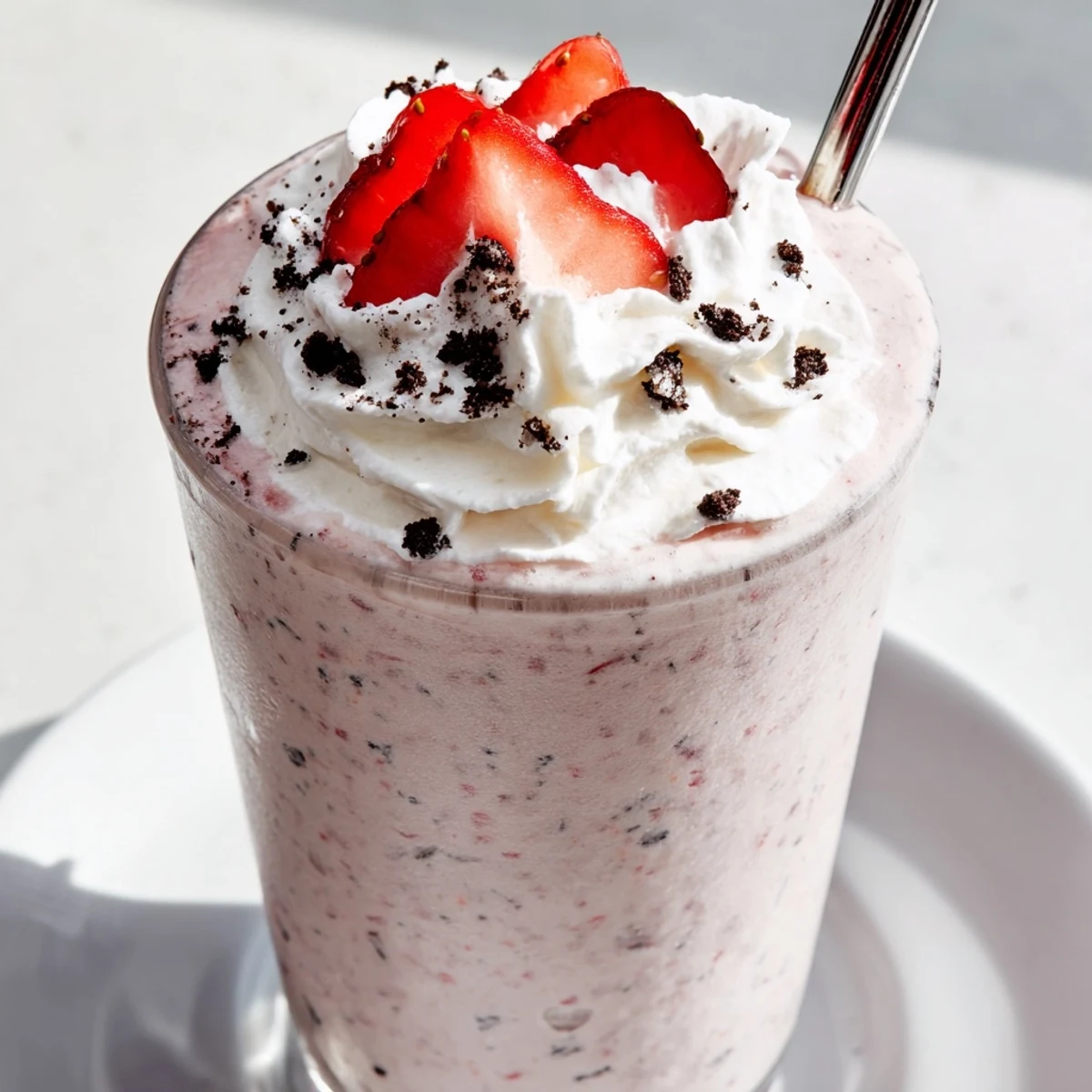 Two tall glasses of rich Strawberry Oreo Milkshake garnished with whipped cream and Oreos