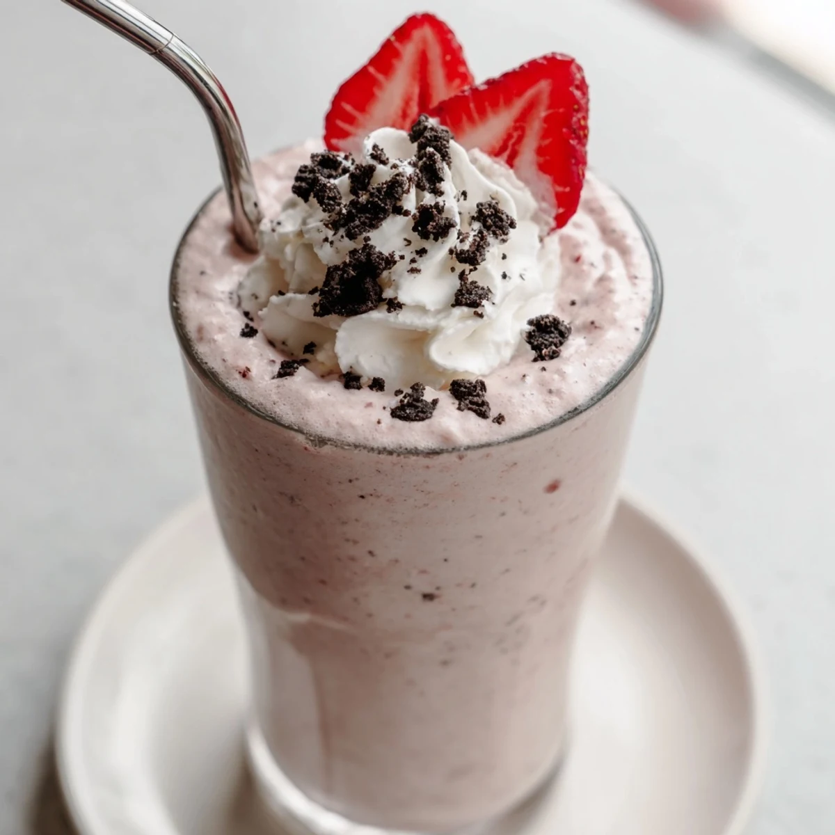 Creamy blended Strawberry Oreo Milkshake with crushed cookie bits and fresh strawberry slices