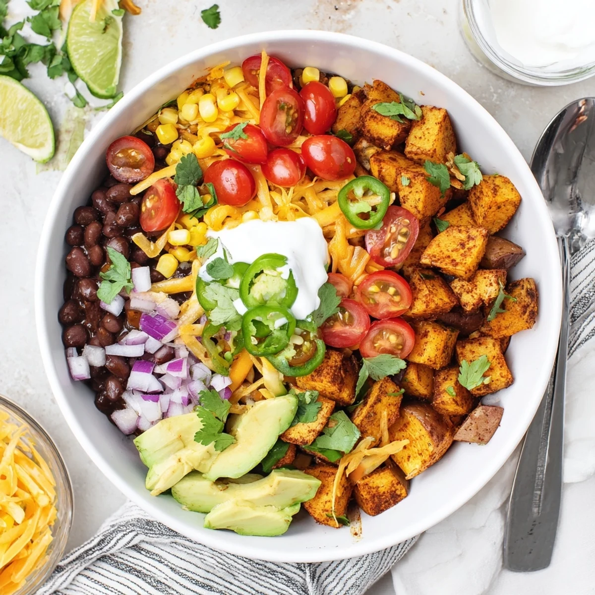 Golden roasted potatoes topped with zesty beans and fresh Tex-Mex garnish in loaded fiesta potato bowls