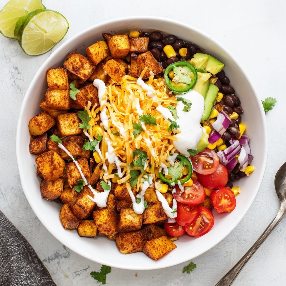 A colorful loaded fiesta potato bowls serving with creamy avocado, diced tomatoes, and warm black beans