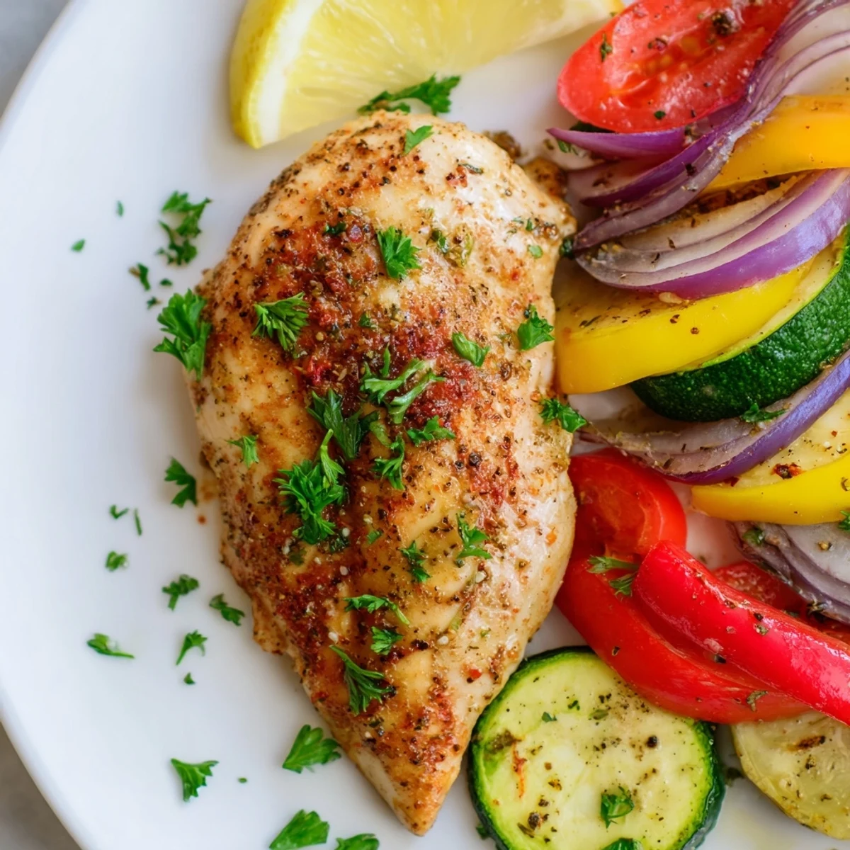 Savory chicken foil packets recipe served hot with lemon wedges and roasted cherry tomatoes