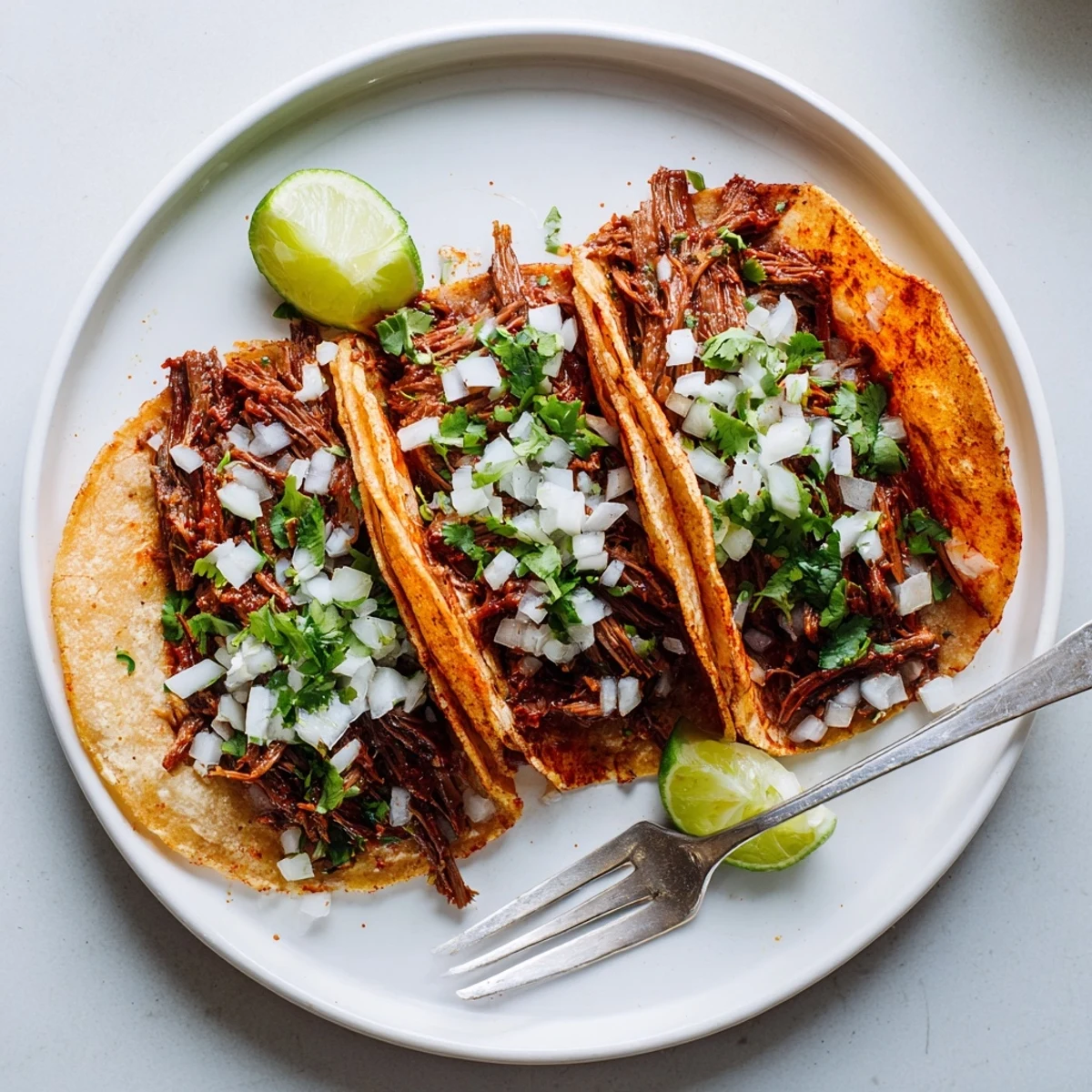 Crispy slow cooker birria tacos filled with shredded beef, onion, and cilantro on a white plate