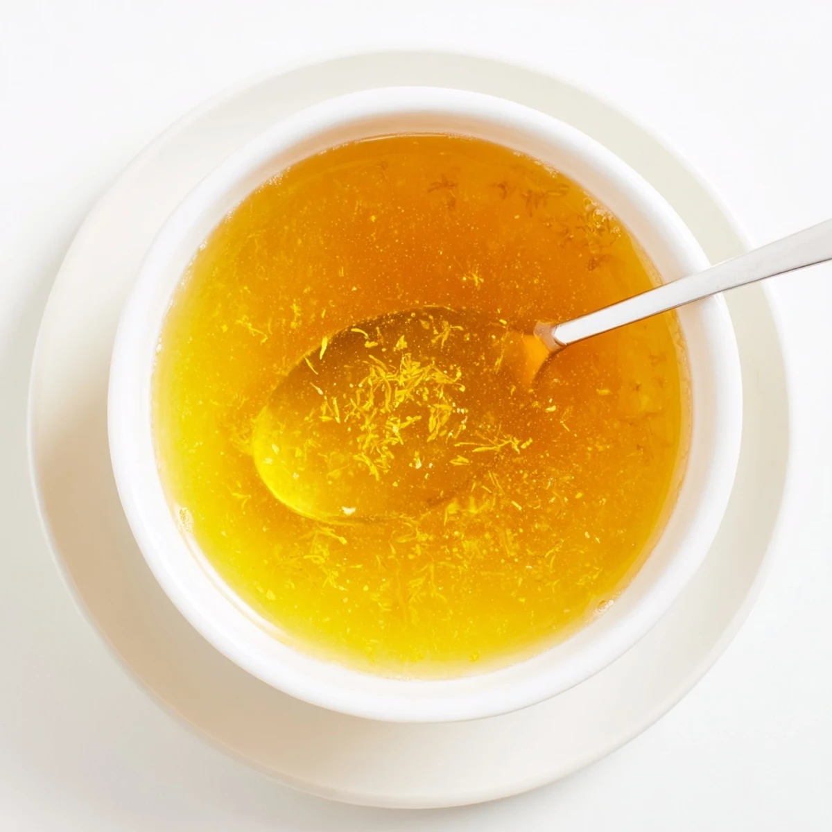Spoonful of homemade fresh dandelion jelly drizzled over a plain yogurt bowl