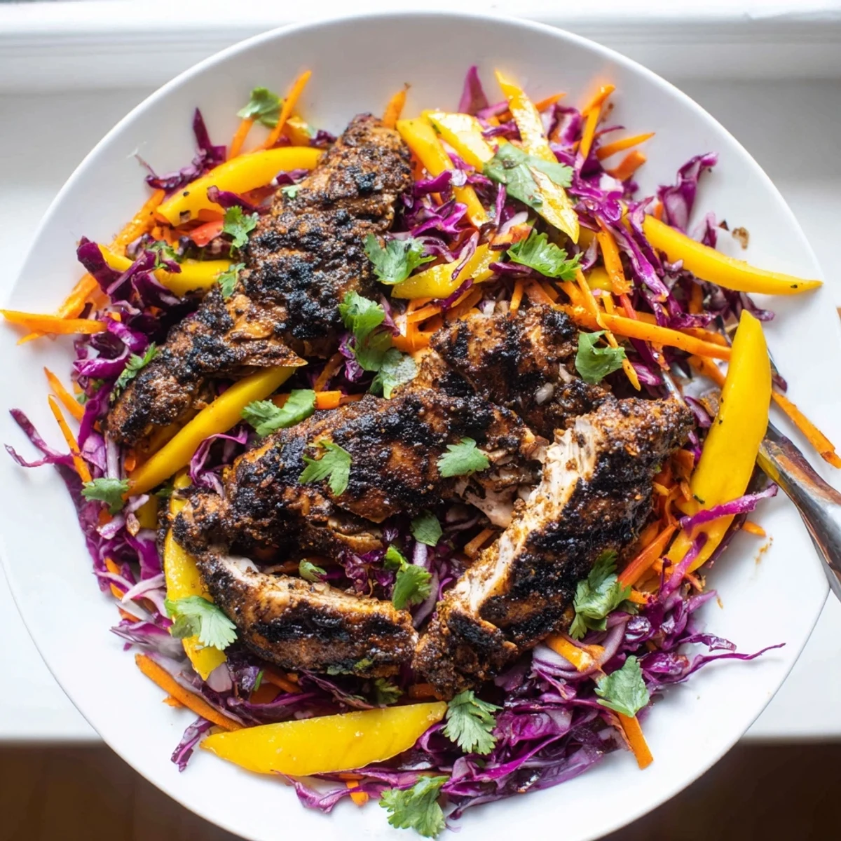 Charred spicy jerk chicken with mango slaw served on a white plate