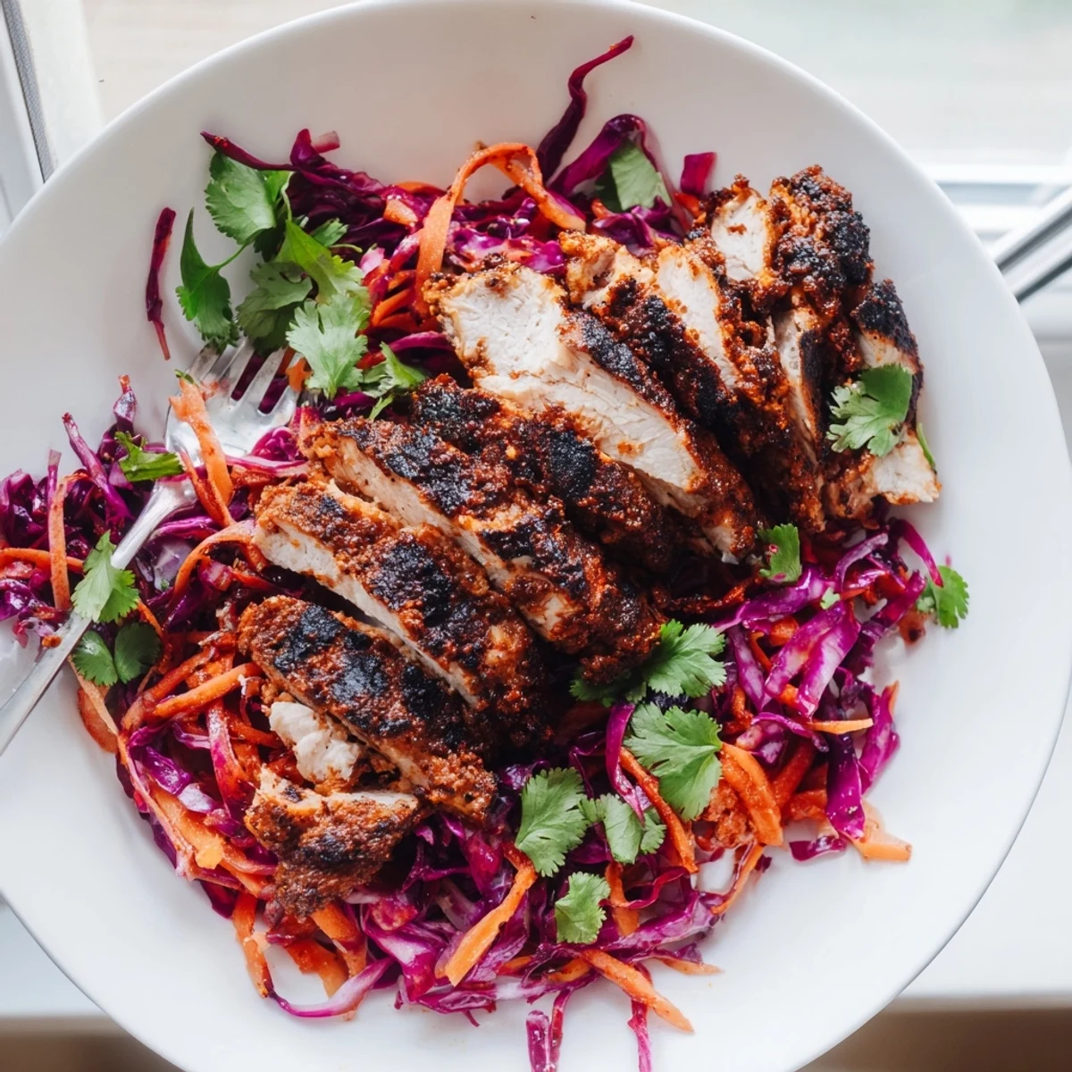 Smoky jerk chicken thighs resting on a bed of sweet mango slaw